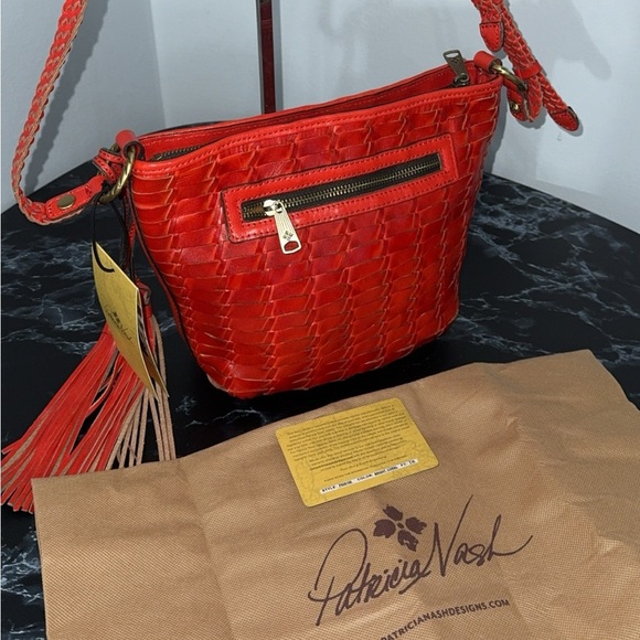 Patricia Nash Woven Leather Valbella Zip Crossbody Bright Coral Red AUTHENTIC - Picture 5 of 15